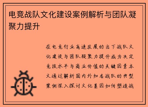 电竞战队文化建设案例解析与团队凝聚力提升