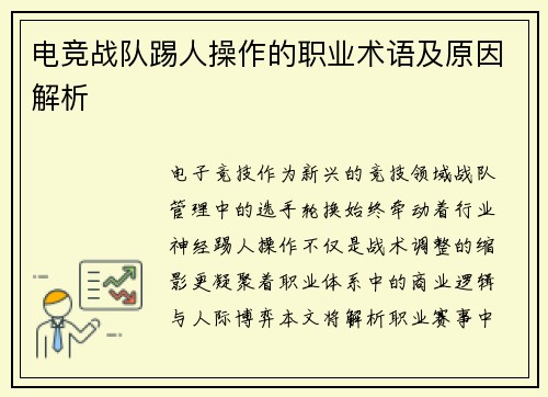 电竞战队踢人操作的职业术语及原因解析
